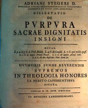 Diss. de purpura sacrae dignitatis insigni