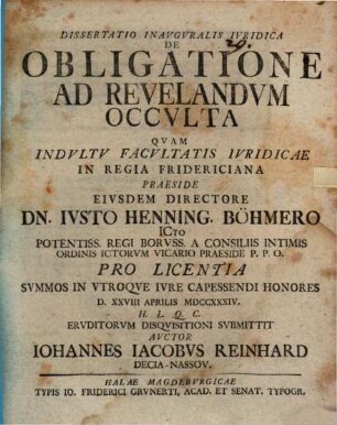 Diss. inaug. iur. de obligatione ad revelandum occulta