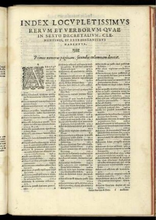 Index locvpletissimvs rervm et verborvm qvae in sexto decretalivm, clementinis, et extravagantibvs habentvr