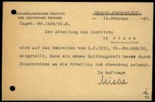 Postkarte; AIDR an DAI Athen (Quittungsheft)