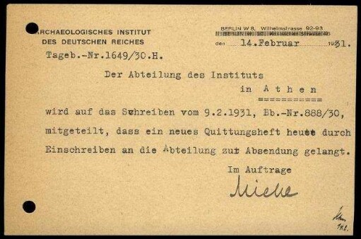 Postkarte; AIDR an DAI Athen (Quittungsheft)