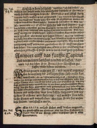 Antwort auff das fünffte Capittel des vormeinten berichts von den ursachen/ darumb Naso die lehre so in Bremischen schrifften gefasset/ nicht könne billichen.