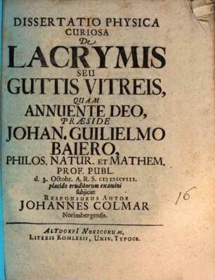 Dissertatio Physica Curiosa De Lacrymis Seu Guttis Vitreis