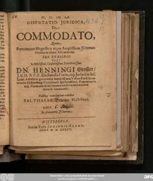 Disputatio Iuridica, De Commodato