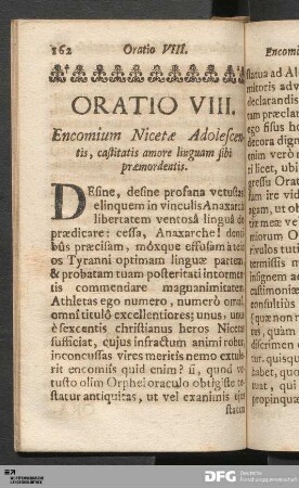 Oratio VIII. Encomium Nicetæ Adolescentis, castitatis amore linguam sibi præmordentis.