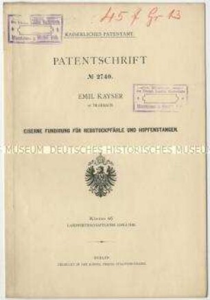 Patentschrift einer eisernen Fundierung für Rebstockpfähle und Hopfenstangen, Patent-Nr. 2740