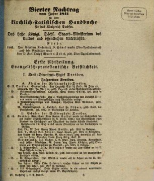 Kirchlich-statistisches Handbuch für das Königreich Sachsen oder Verzeichniß der in dem Königreiche Sachsen angestellten Geistlichen, Schulmeister, Schullehrer, Cantoren aller Confessionen. 4. 1841