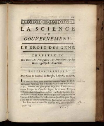 Chapitre IV. Des Titres, des Prérogatives, des Prétentions, & des Droits respectifs des Souverains