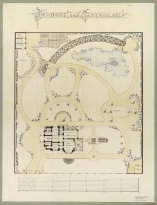 Grundriss einer Gartenanlage, kolorierte Handzeichnung, 1890/91 : Kramer, Oscar.: Grundriss einer Gartenanlage. - Blatt 1. - 1:220 - [S.l.] , W.S. 1890/91. - 1 Plan : kolor. Federzeichng, ; 34,5 x 38,0 cm