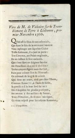 Vers de M. de Voltaire sur le Tremblement de Terre à Lisbonne, premier Novembre 1755.