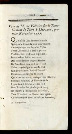 Vers de M. de Voltaire sur le Tremblement de Terre à Lisbonne, premier Novembre 1755.