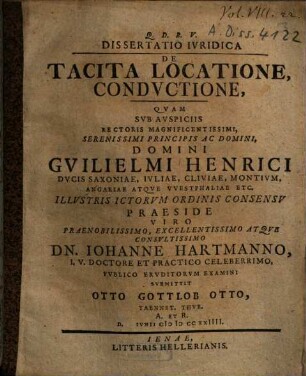 Dissertatio Iuridica De Tacita Locatione, Conductione