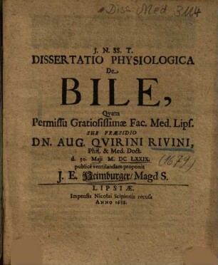 Dissertatio Physiologica De Bile