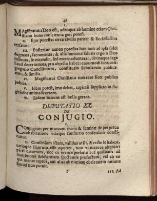 Disputatio XX. De Coniugio
