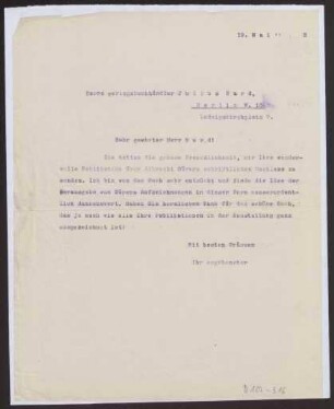 Schreiben an die Verlagsbuchhandlung Julius Bard, Berlin (Brief)