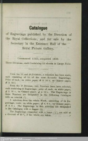Catalogue of Engravings published by the Directionof the Royal Collections, and for sale by the Secretary in the Entrance Hall of the Royal Picture Gallery