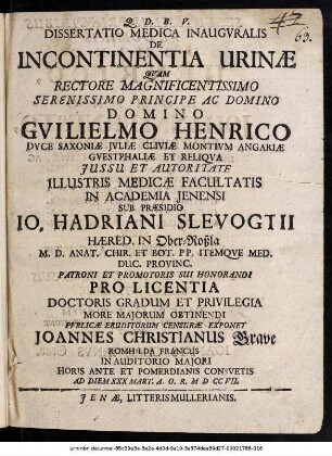 Dissertatio Medica Inauguralis De Incontinentia Urinae
