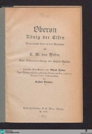 Oberon, König der Elfen : romantische Oper in 3 Aufzügen