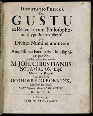 Disputatio Physica De Gustu ex Recentiorum Philosophorum hypothesi explicato
