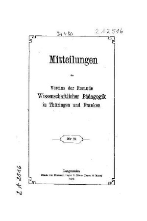 71: Mitteilungen des Vereins der Freunde Wissenschaftlicher Pädagogik in Thüringen und Franken - 71.1929