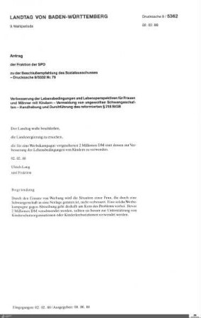 Antrag der SPD: Durchführung des §218 StGB (Abtreibung)