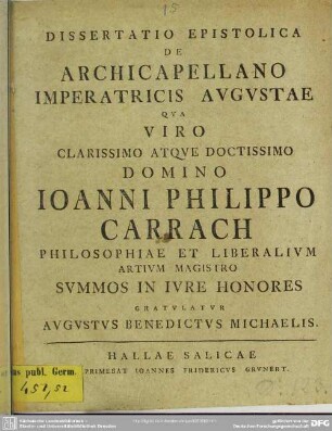 Dissertatio Epistolica De Archicapellano Imperatricis Augustae