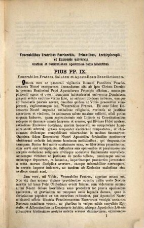 Sanctissimi D. N. Pii PP. IX. Epistola encyclica data die VIII. Decembris MDCCCLXIV. ad omnes catholicos antistites unacum syllabo praecipuorum aetatis nostrae errorum et actis pontificis, ex quibus excerptus est syllabus : Accedit Appendix antiquiora et novissima continens quae ad epistolam encyclicam et syllabum referantur