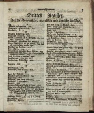 Drittes Register, über die ökonomische, moralische und ähnliche Aufsätze.