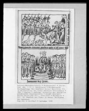 Die Romfahrt Kaiser Heinrichs VII. im Bildercyclus des Codex Balduini Trevirensis — Empfang des Zuges in Genua; Huldigung der Genueser, Folio 16