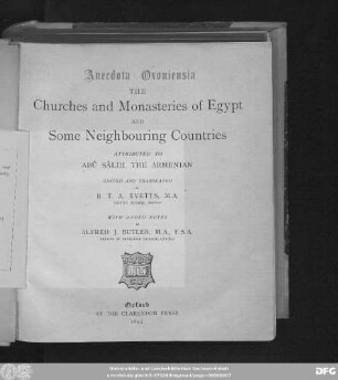 The churches and monasteries of Egypt attributed to Abû Ṣâliḥ, the Armenian