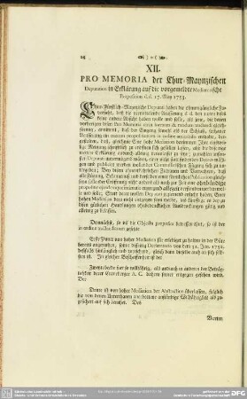 XII. Pro Memoria der Chur-Maynzischen Deputation in Erklärung auf die vorgemeldte Mediatorische Proposition d.d. 17. May 1753