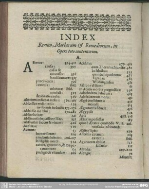 Index Rerum, Morborum & Remediorum, in Opere toto contentorum