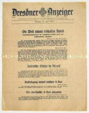 Nachrichtenblatt "Dresdner Anzeiger" u.a. mit spanischen und türkischen Reaktionen zum deutschen Überfall auf die Sowjetunion