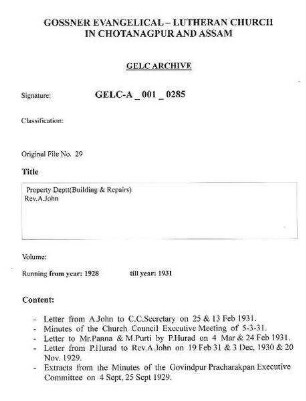 Property Department (Buildings & Repairs) - Rev. A. John