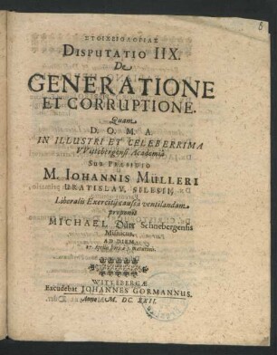 Stoicheiologias Disputatio IIX. De Generatione Et Corruptione
