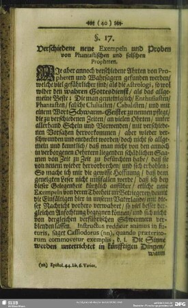 §. 17. Verschiedene neue Exempeln und Proben von Phantastischen und falschen Propheten
