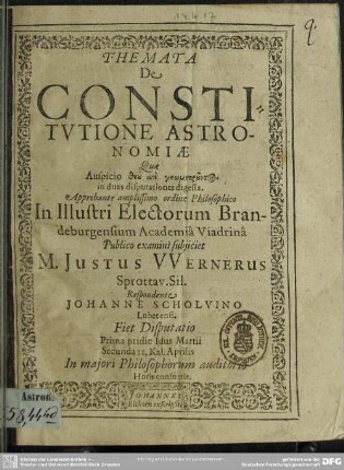 Themata de constitutione astronomiae ... in duas disputationes digesta ...