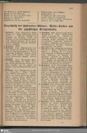 Verzeichniß der Hydranten-Männer, Melde-Stellen und der zugehörigen Straßentrakte
