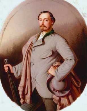 Herzog Ernst II. von Sachsen- Coburg und Gotha (1818 - 1893, Herzog 1844 - 1893) in Jagdbekleidung vor der Kulisse des Thüringer Waldes