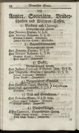 VII. Aemter, Societäten, Brüderschaften und Wittwen-Cassen.