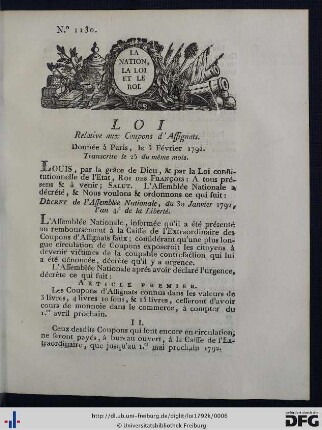 Loi Relative aux Coupons d'Assignats.