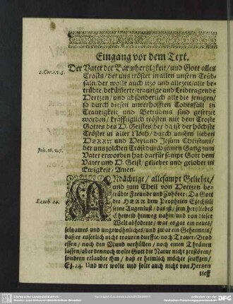 Leichenpredigt : Christliche Leichen-Predigt, Eingang vor dem Text, [Text], Exordium,