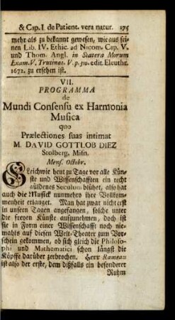VII. Programma de Mundi Consensu ex Harmonia Musica quo Praelectiones suas intimat M. David Gottlob Diez Stolberg, Misn.