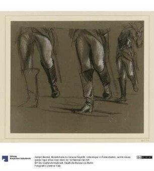 Modellstudie zu General Seydlitz. Unterkörper in Reiterstiefeln, rechts kleine ganze Figur ohne Kopf