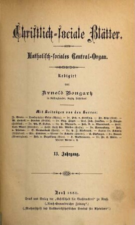 Christlich-sociale Blätter : katholisch-sociales Central-Organ. 13. 1880