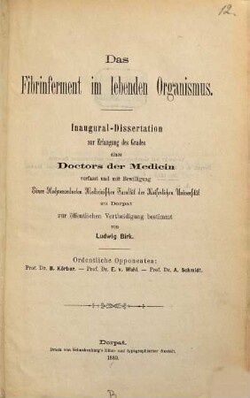 Das Fibrinferment im lebenden Organismus : Inaugural-Dissertation