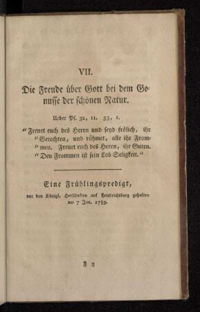 VII. Die Freude über Gott bei dem Genusse der schönen Natur.
