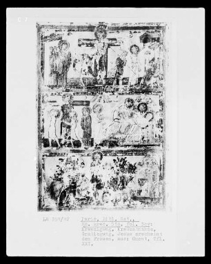 Homilien des Gregor von Nazianz — Kreuzigung, Kreuzabnahme, Grablegung und Christus erscheint den drei Marien, Folio 30verso