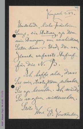 Brief von Elsbeth Krukenberg an Helene Lange
