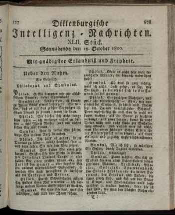 XLII. Stück. Sonnabends den 18. October 1800.